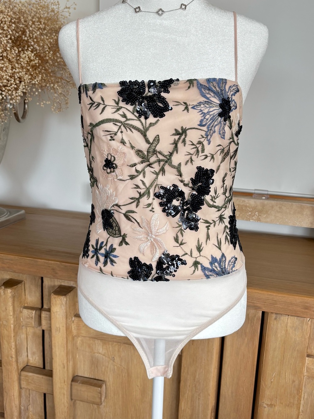 Floral Sequin Top Embroidered Mesh Bodysuit Topshop Size 6 S Y2K Party 2000s